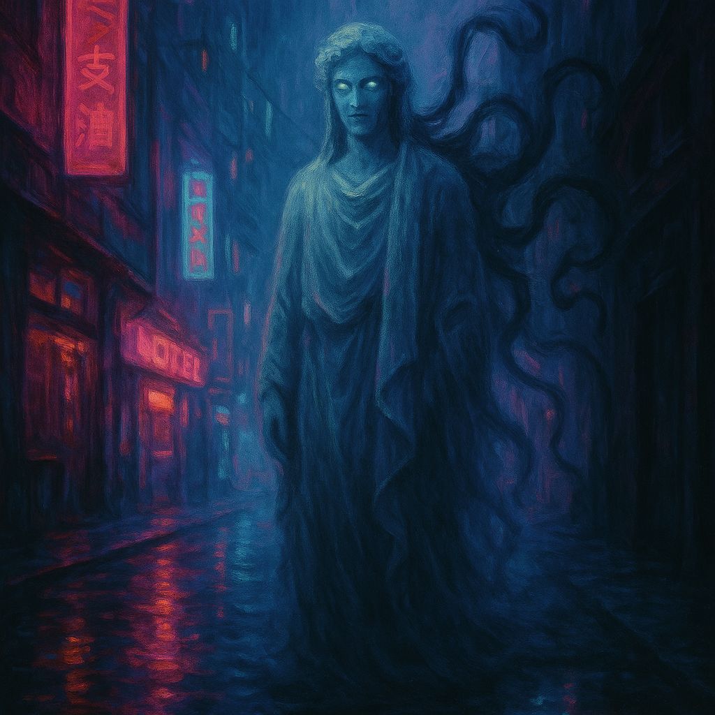 Hypnos God of Sleep in Neon Digital Cityscape