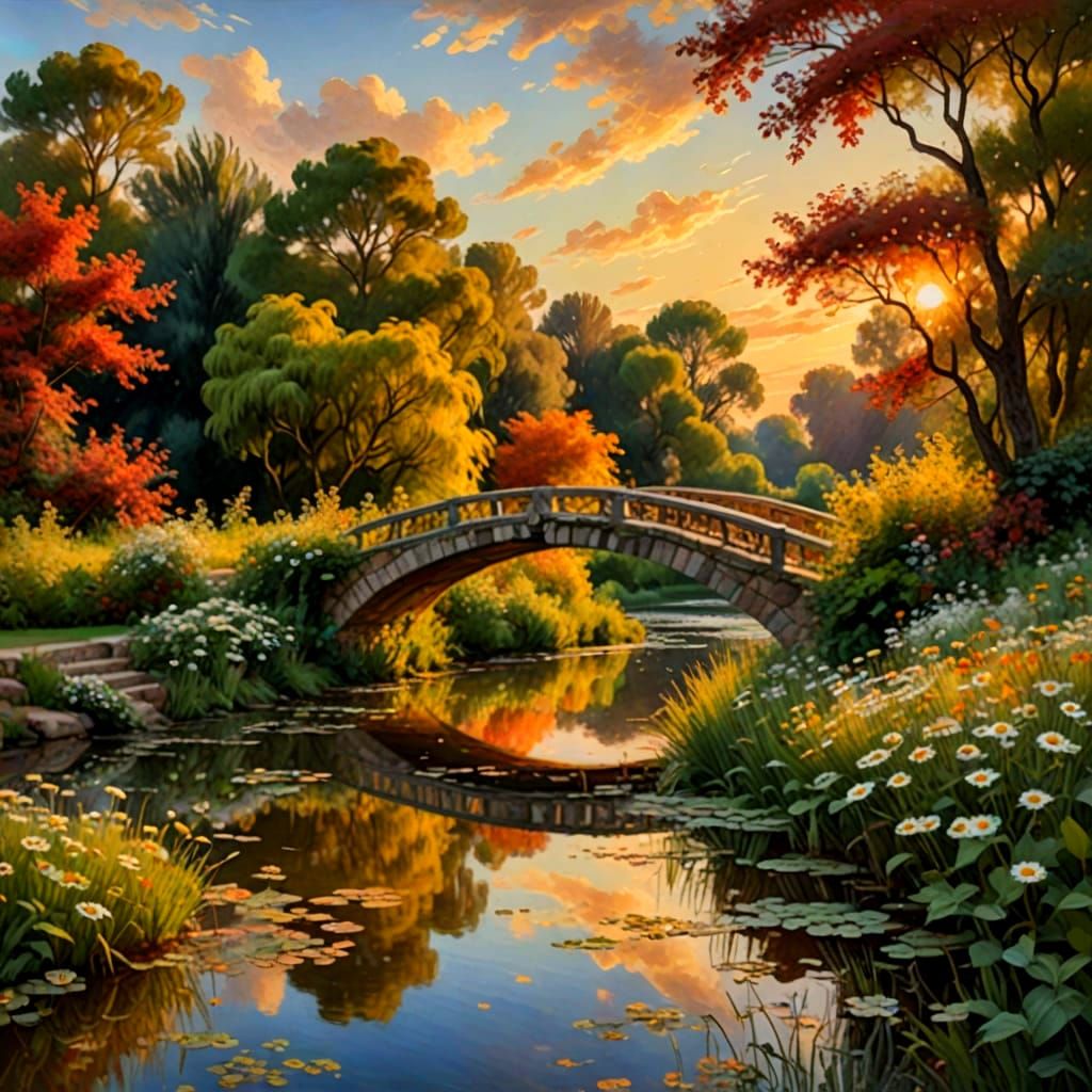 Vibrant Sunset Footbridge Amidst Wild Daisies