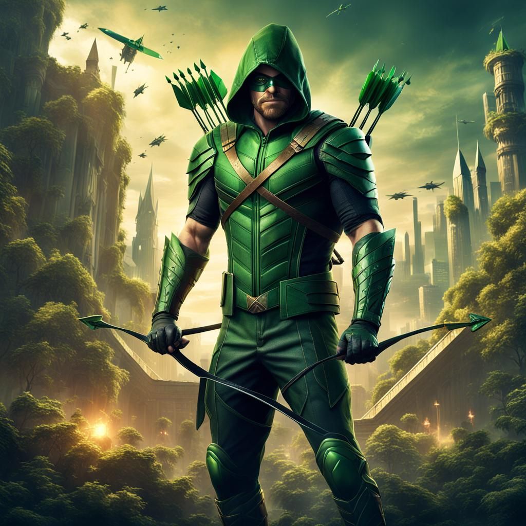 Heroic Green Arrow: Detailed Matte Painting, 8k Resolution