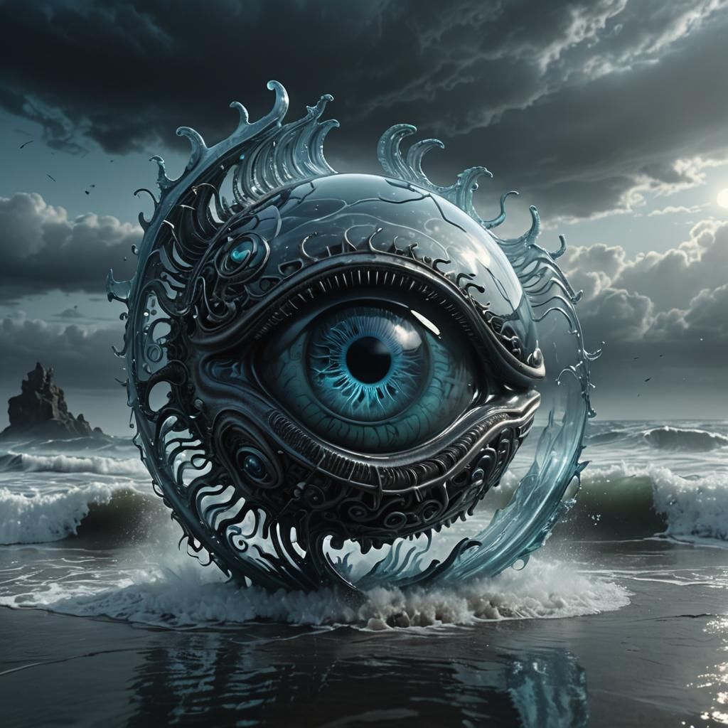 Surreal Biomechanical Glass 'A' with Eerie Blue Glow