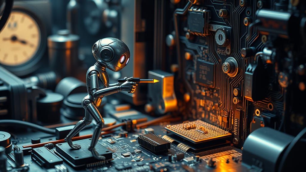 Tiny Robot Repairs Circuit Board in Industrial Workshop