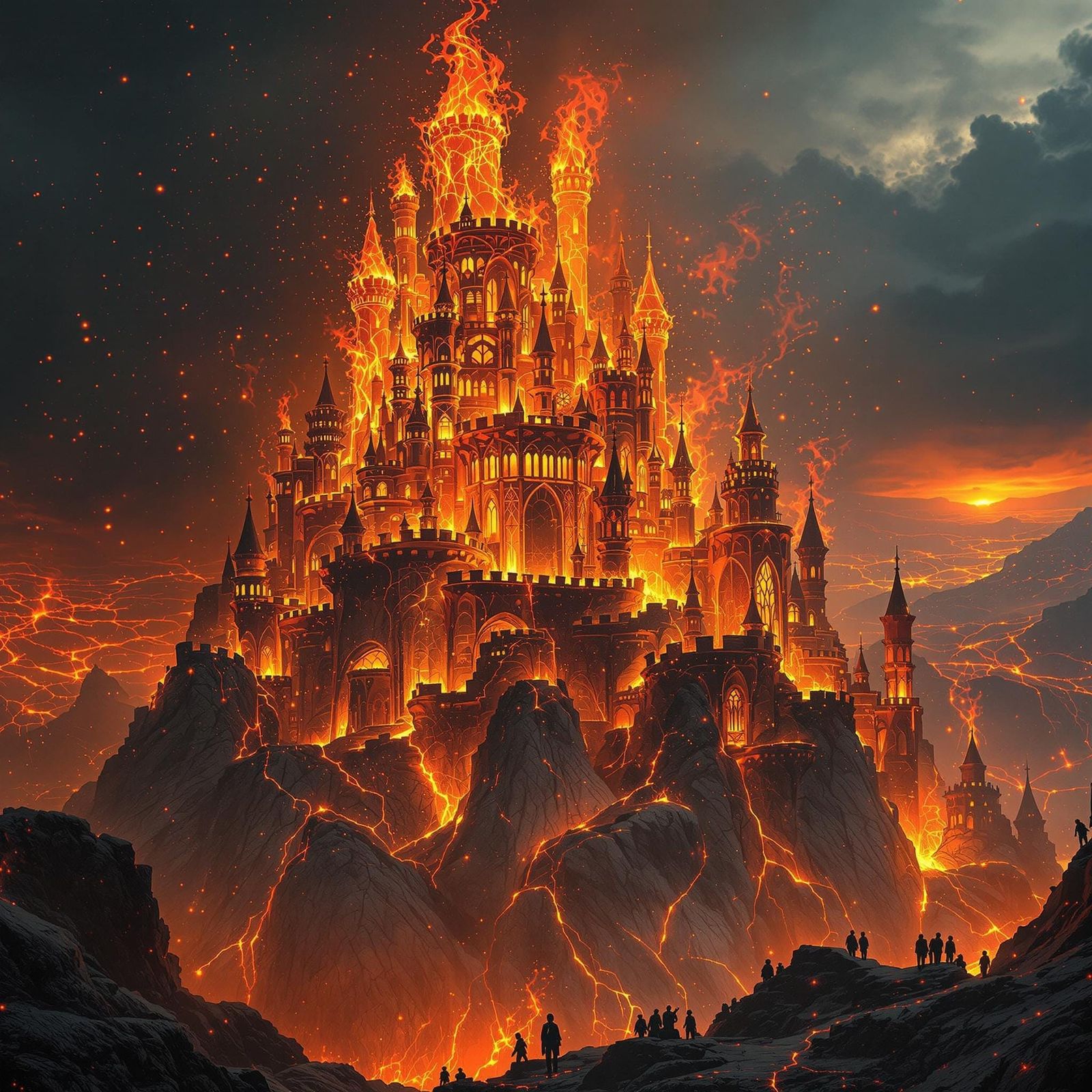Hyperrealistic Fire Castle in Fiery Landscape