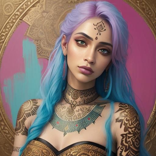 Woman with Henna Tattoos: Vibrant Oil Painting