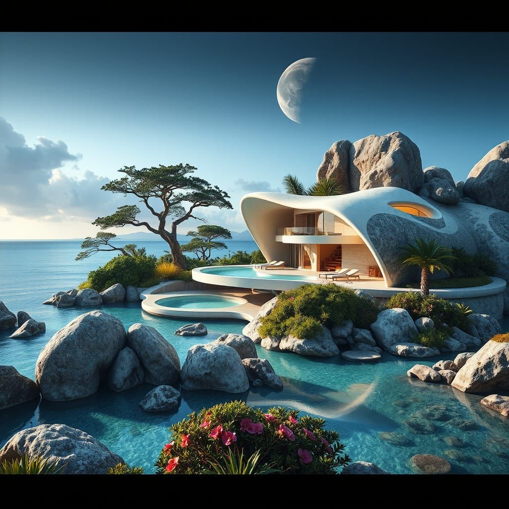 Futuristic Eco-Villa on Alien Exoplanet Coast