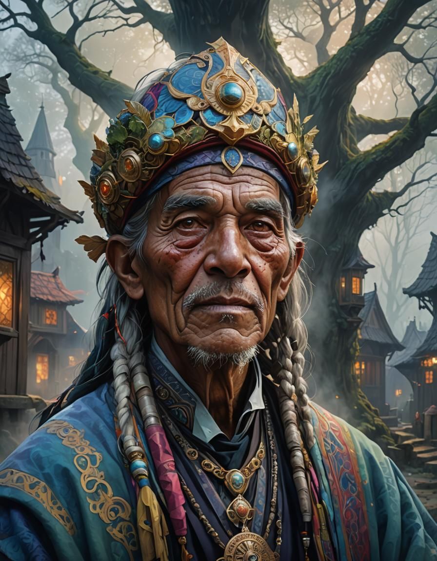Mystical Village Elder Portrait in Art Nouveau Style