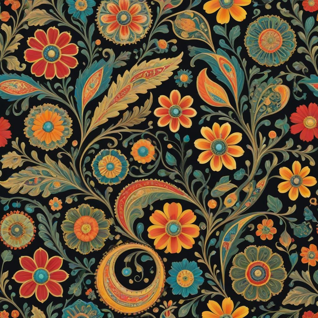 Luxurious Folk Art Painting in Vibrant Jewel Tones