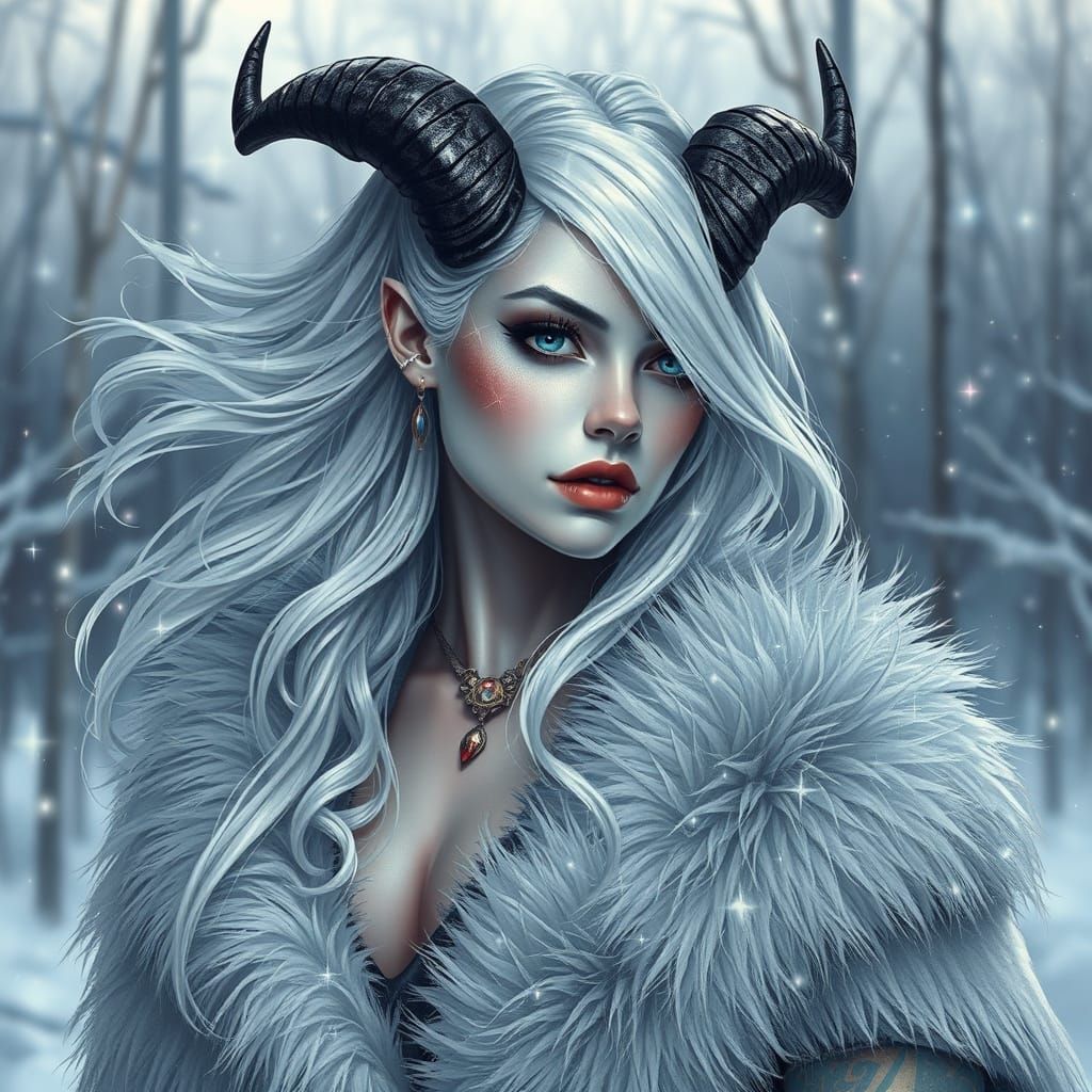 Tattooed Woman in Winter Scene, Dark Fantasy Style