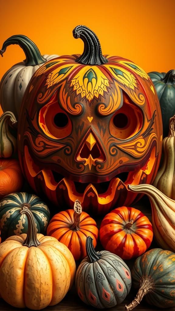 Ornate Jack O'Lantern and Gourds in Folk Art Style