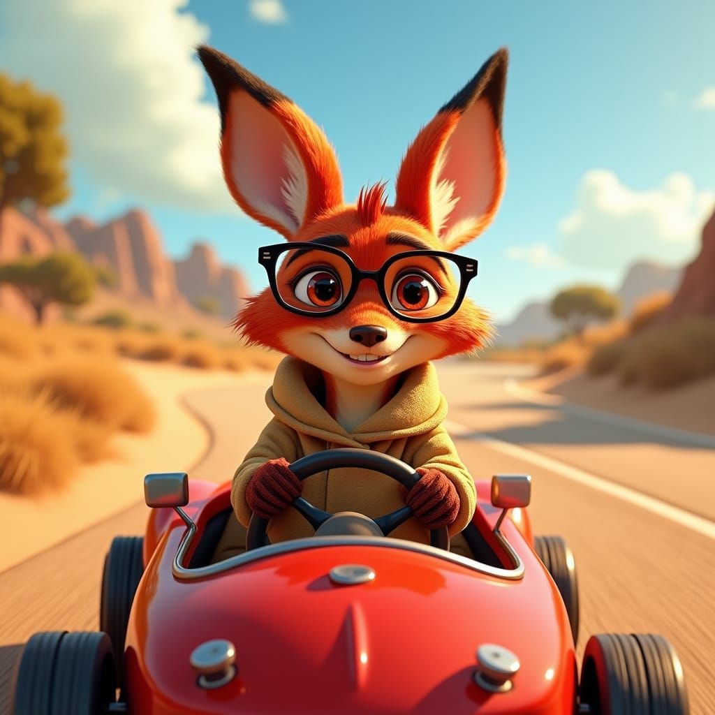 Fox Driving a Car in Animated 3D Style