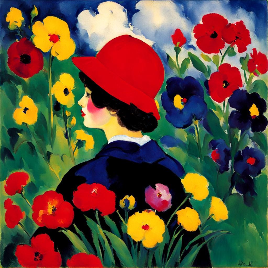"beautiful sweet woman in the garden.  Red hat.  Emil Nolde"