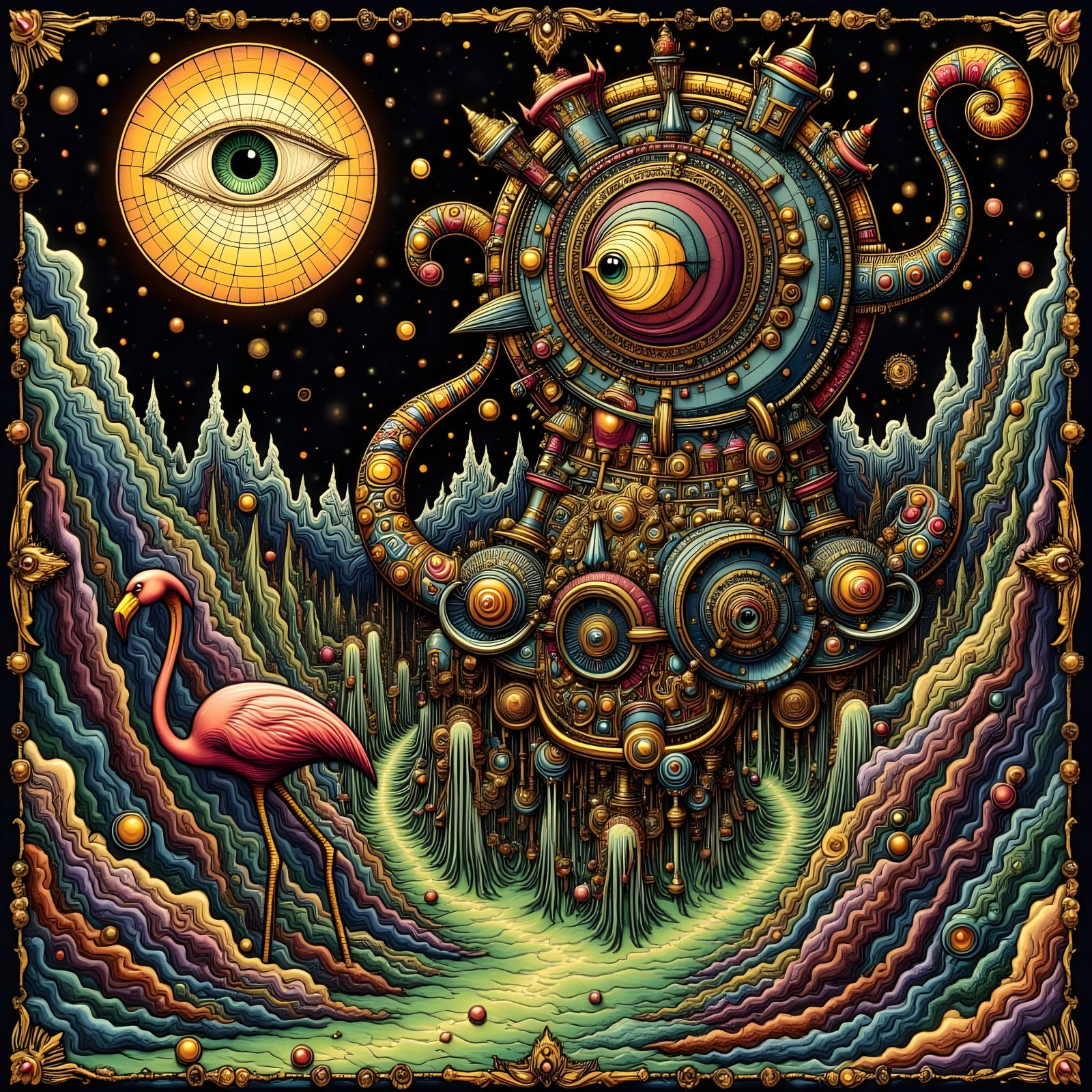 Surreal Steampunk Monolith With Flamingo and Dripping Fire