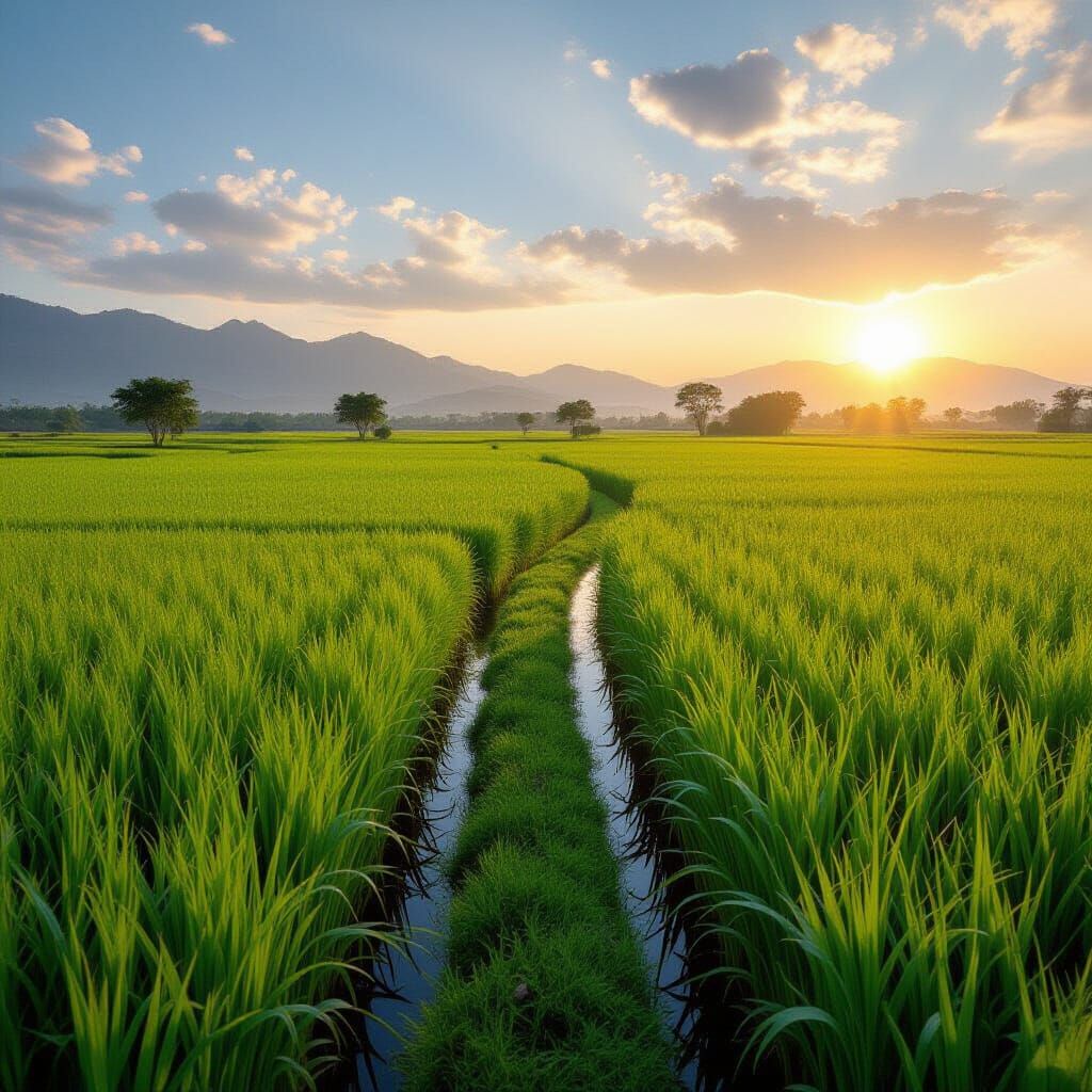 Serene Green Paddy Field Pathway, Hyperrealistic 8K View