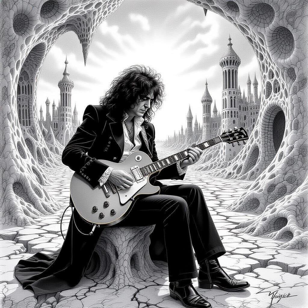 Jimmy Page Guitar Solo in Surreal Monochrome Landscape