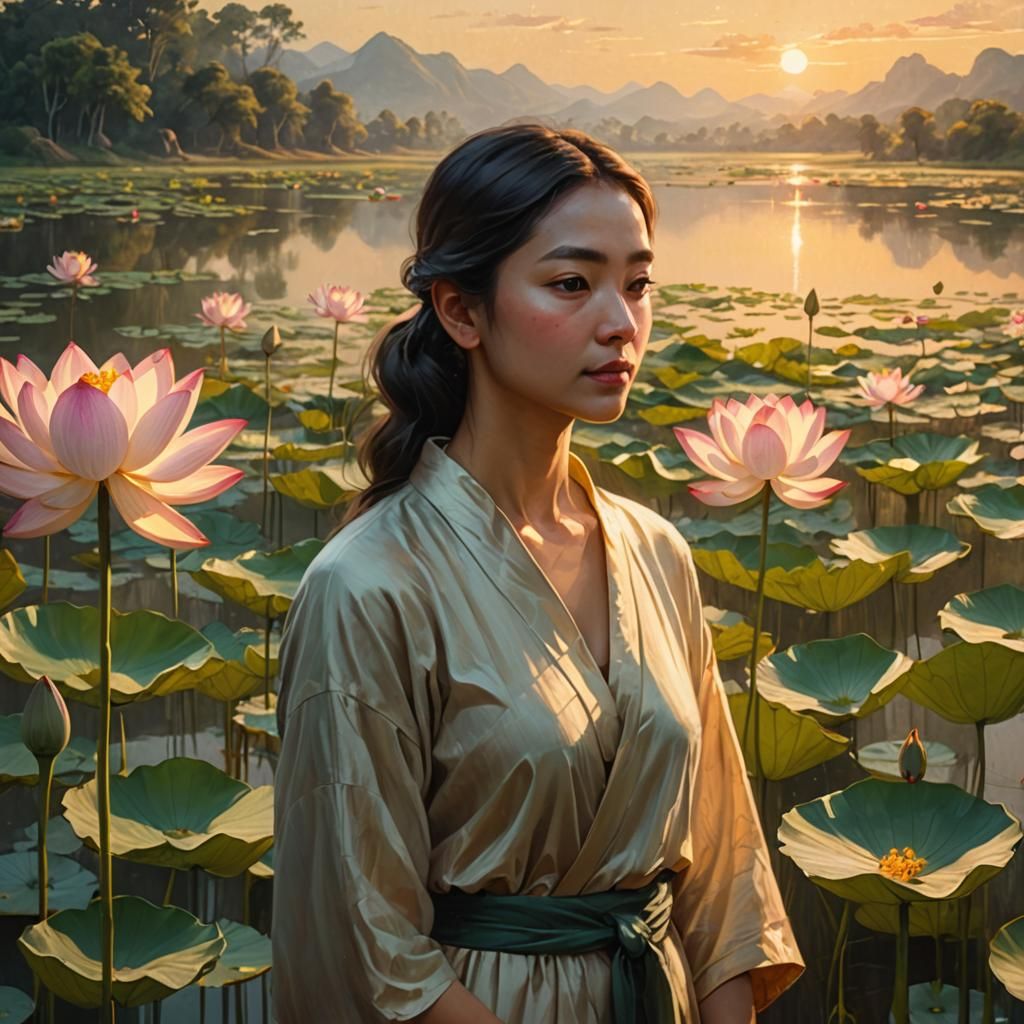 Woman Gazing at Lotus Flower in Oil Painting