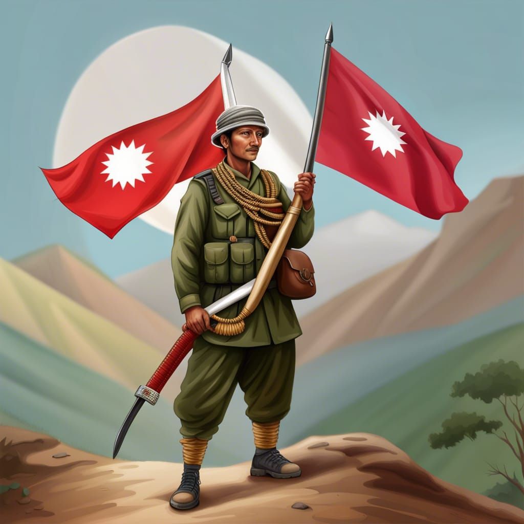 Nepali Soldiers with Khukuri and Flag