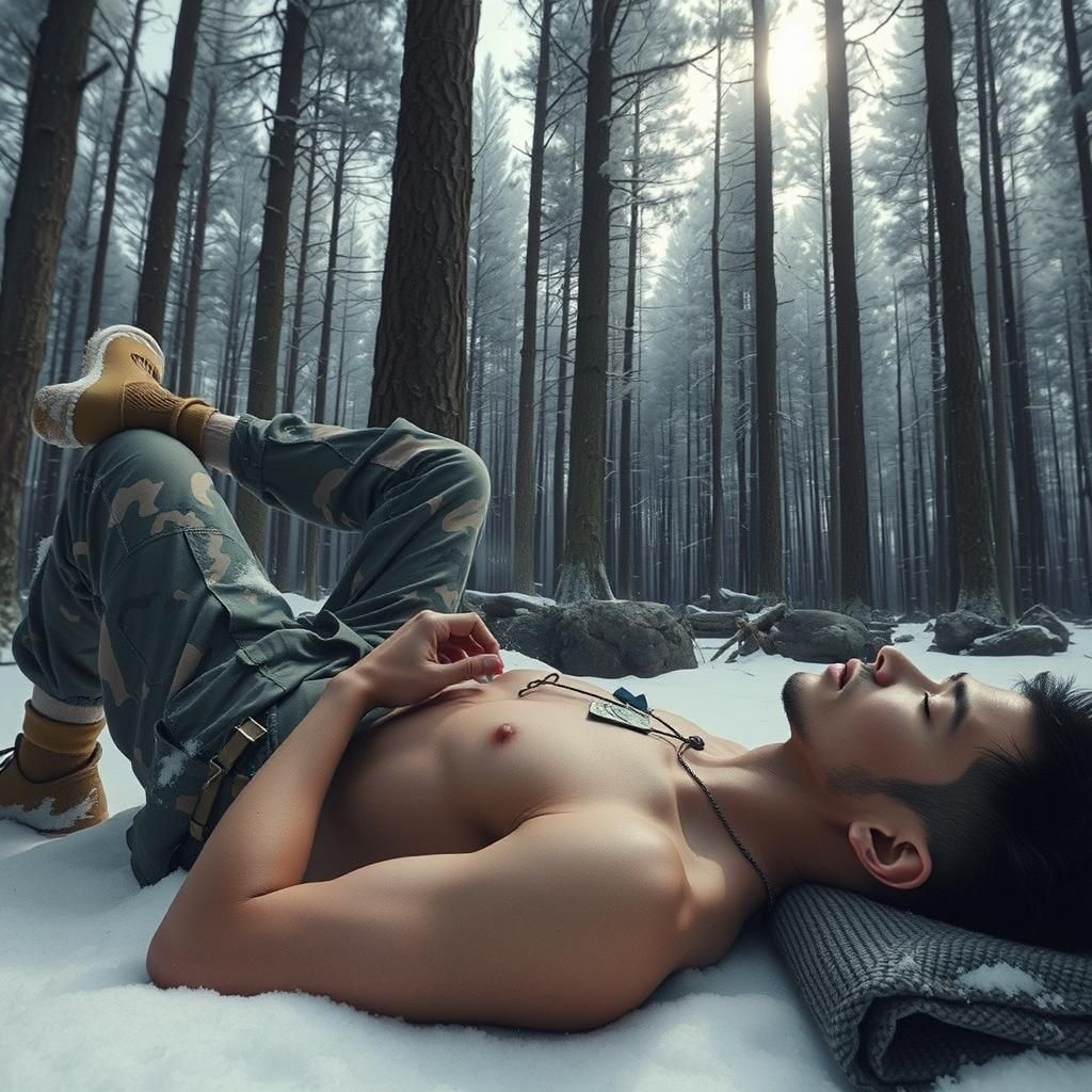 Young Man Napping in Snowy Winter Forest
