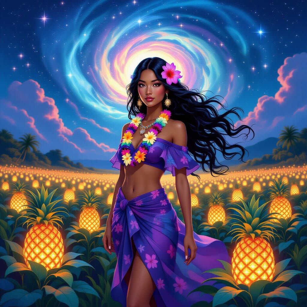 Hawaiian Maiden in Bioluminescent Pineapple Field