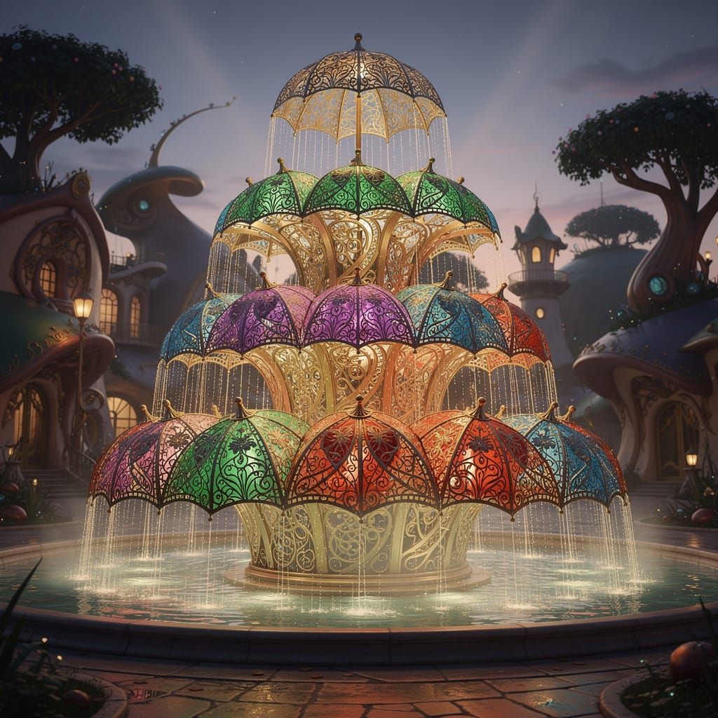 Elegant Umbrella Fountain With Colorful Tiers