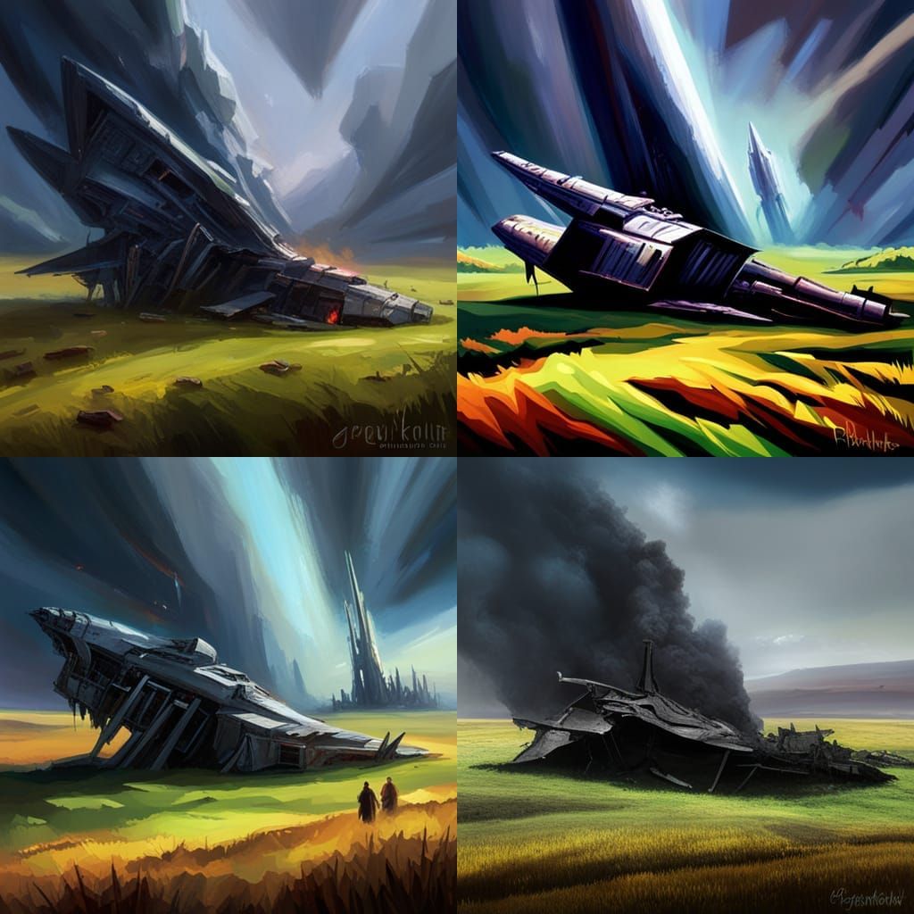 Crashed Starship Wreckage on Grassy Plain