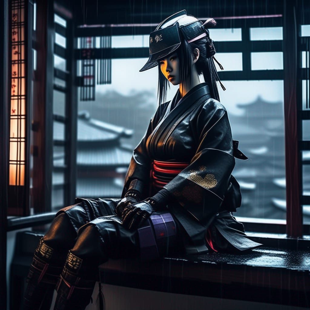 Cyberpunk Samurai Woman in Edo Era