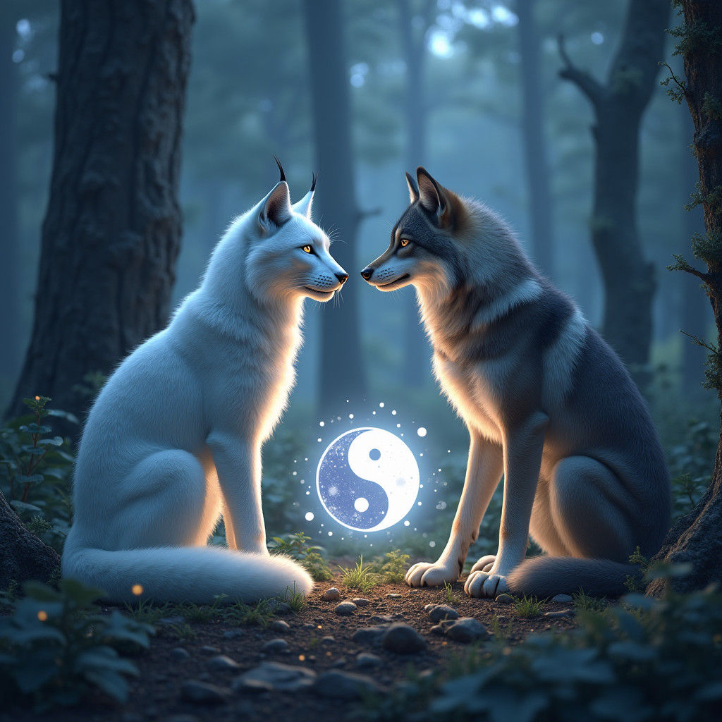 Snow Lynx and Forest Wolf in Mystical Forest
