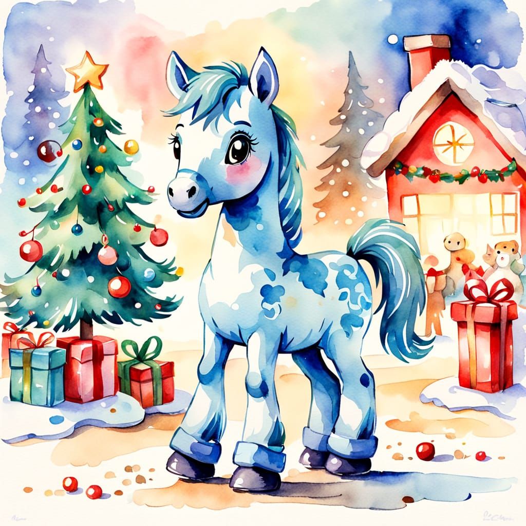 Cute Toy Horse Cub in Christmas Watercolor Sketch