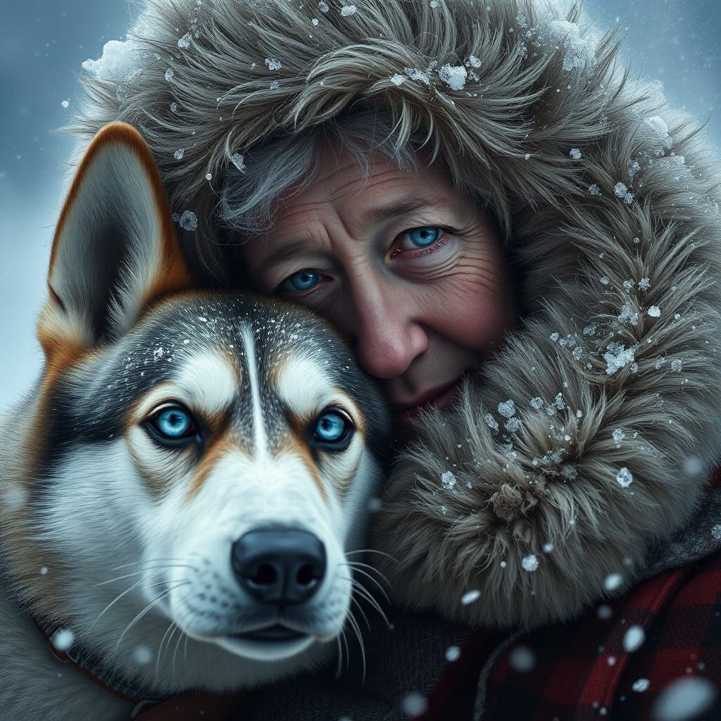 Eskimo Woman and Husky in Snowstorm: Digital Art