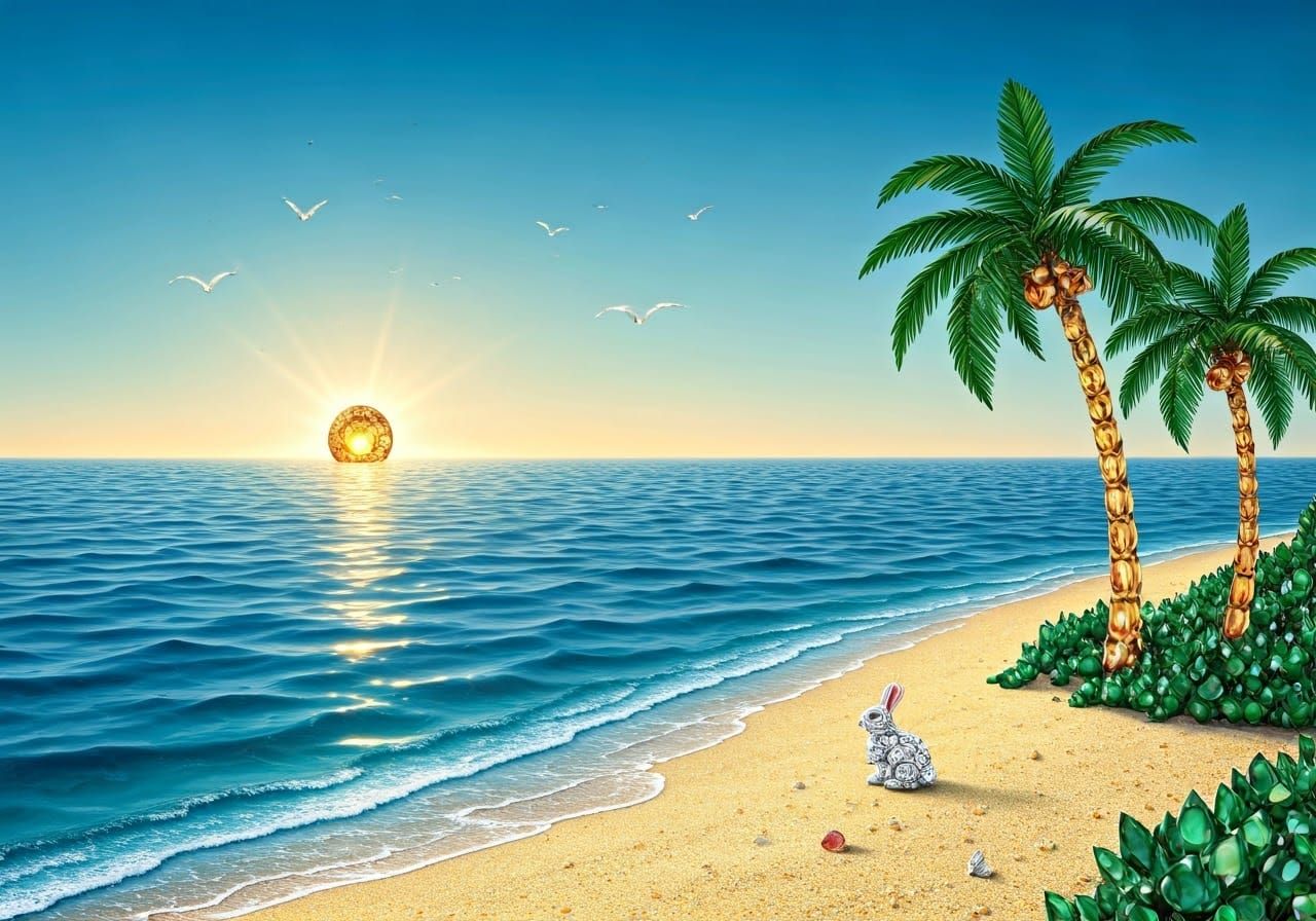 Vibrant Gemstone Beach Scene in Whimsical Aesthetic