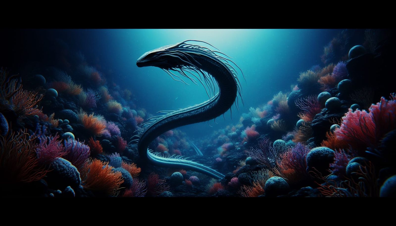 Alien Sea Serpent in Coral Reef, Cinematic Still