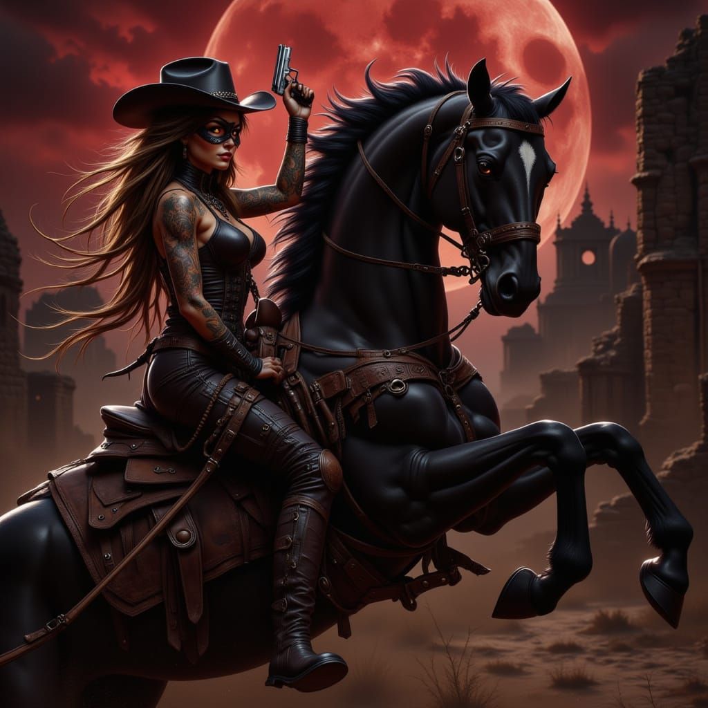 Dark Fantasy Zorro Cowgirl in Gothic Ruins