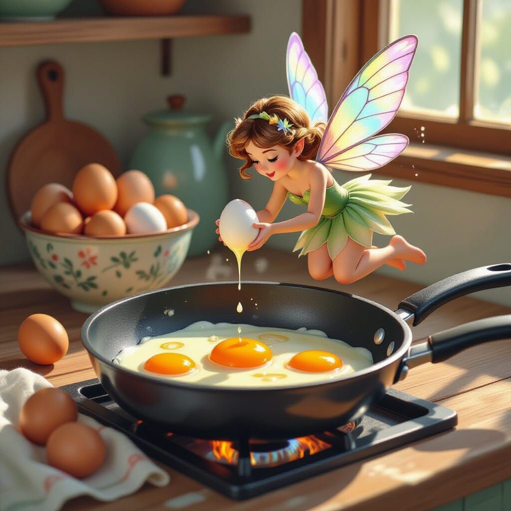 Whimsical Fairy Cooks Fried Egg in Comic Painting Style