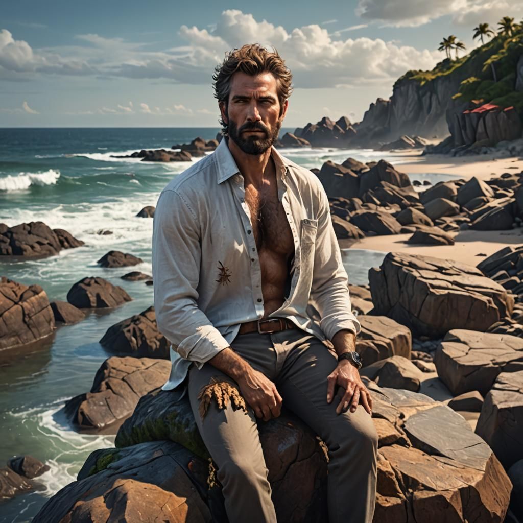 Man with Hairy Chest at Beach, Detailed Matte Painting