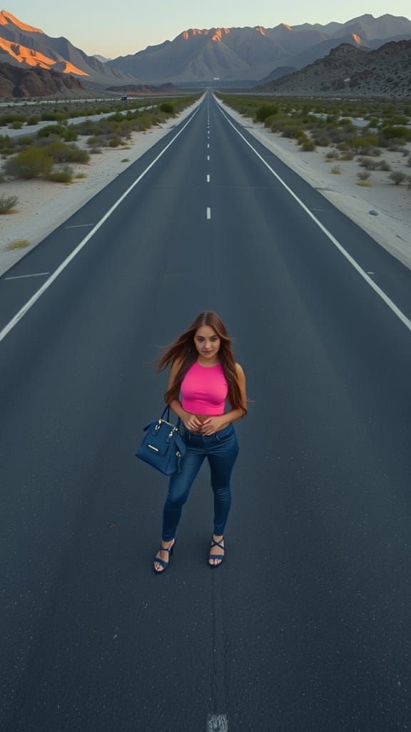 Woman in Pink Top on Desert Highway