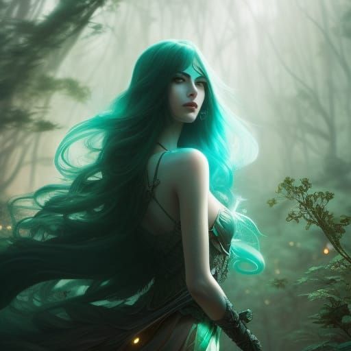 Ethereal Woman in Teal Aura, Dreamcore Art