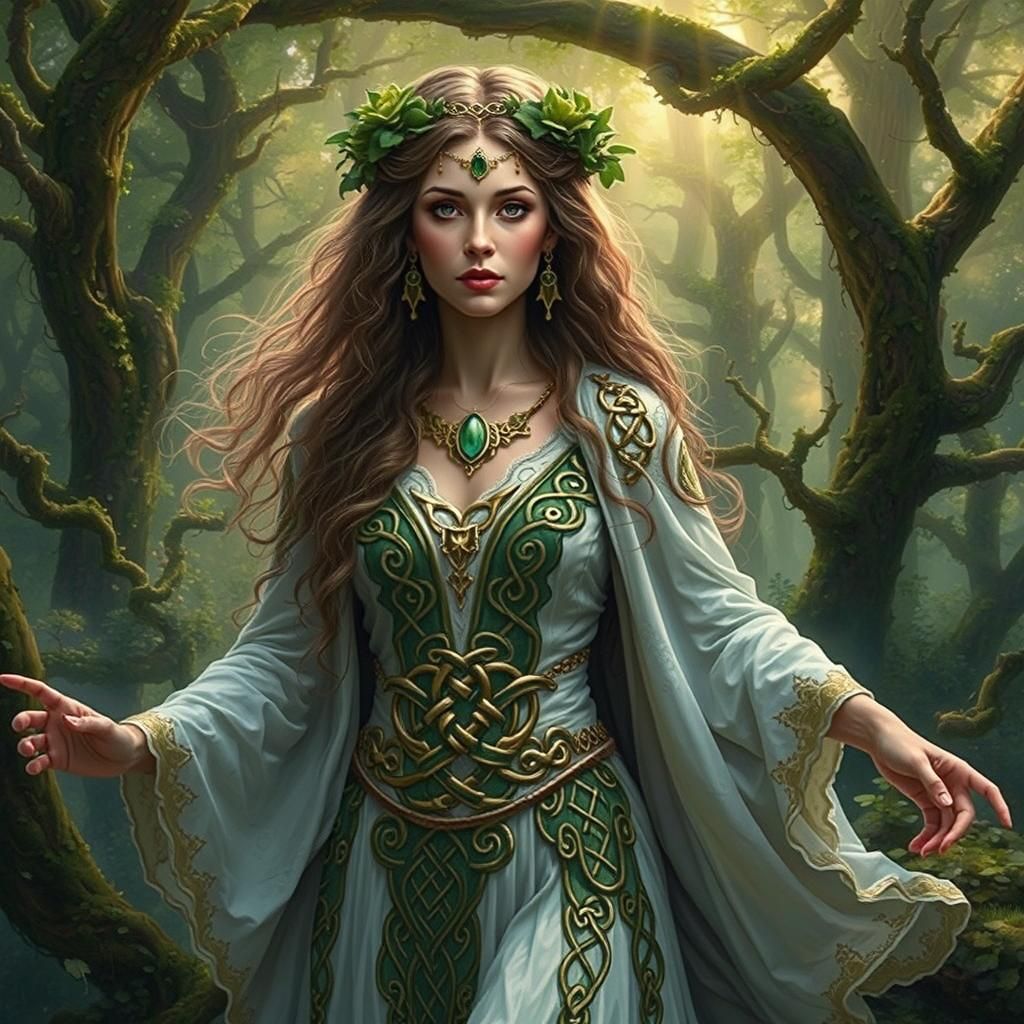Celtic Goddess in Misty Forest, Pre-Raphaelite Style