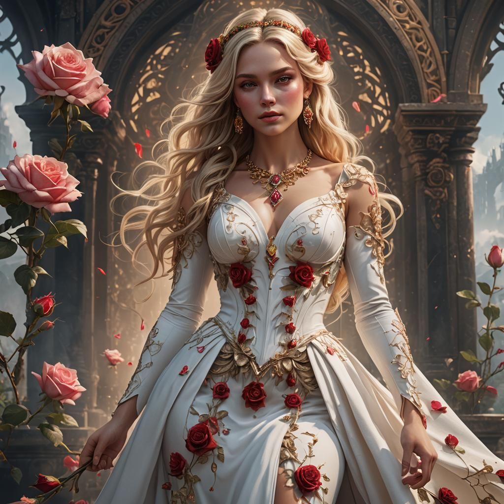 Blonde Goddess in Rose Adorned White Gown