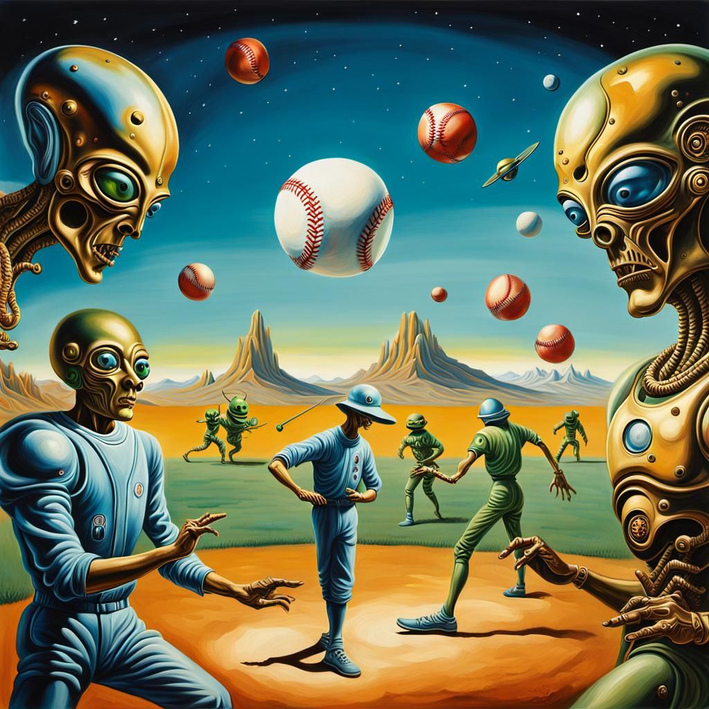 Salvador Dali surrealism painting of an intergalactic baseba...