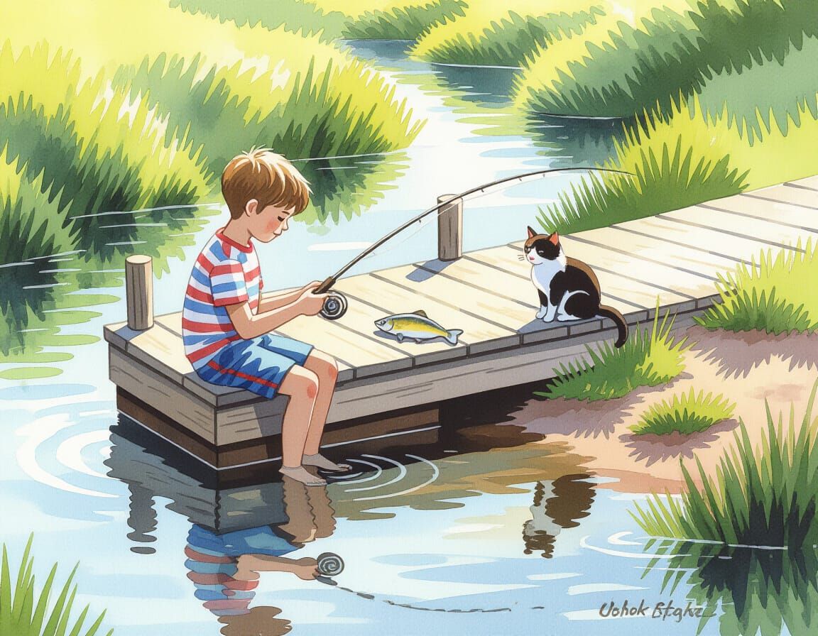 Boy Fishing with Cat: Watercolor Painting
