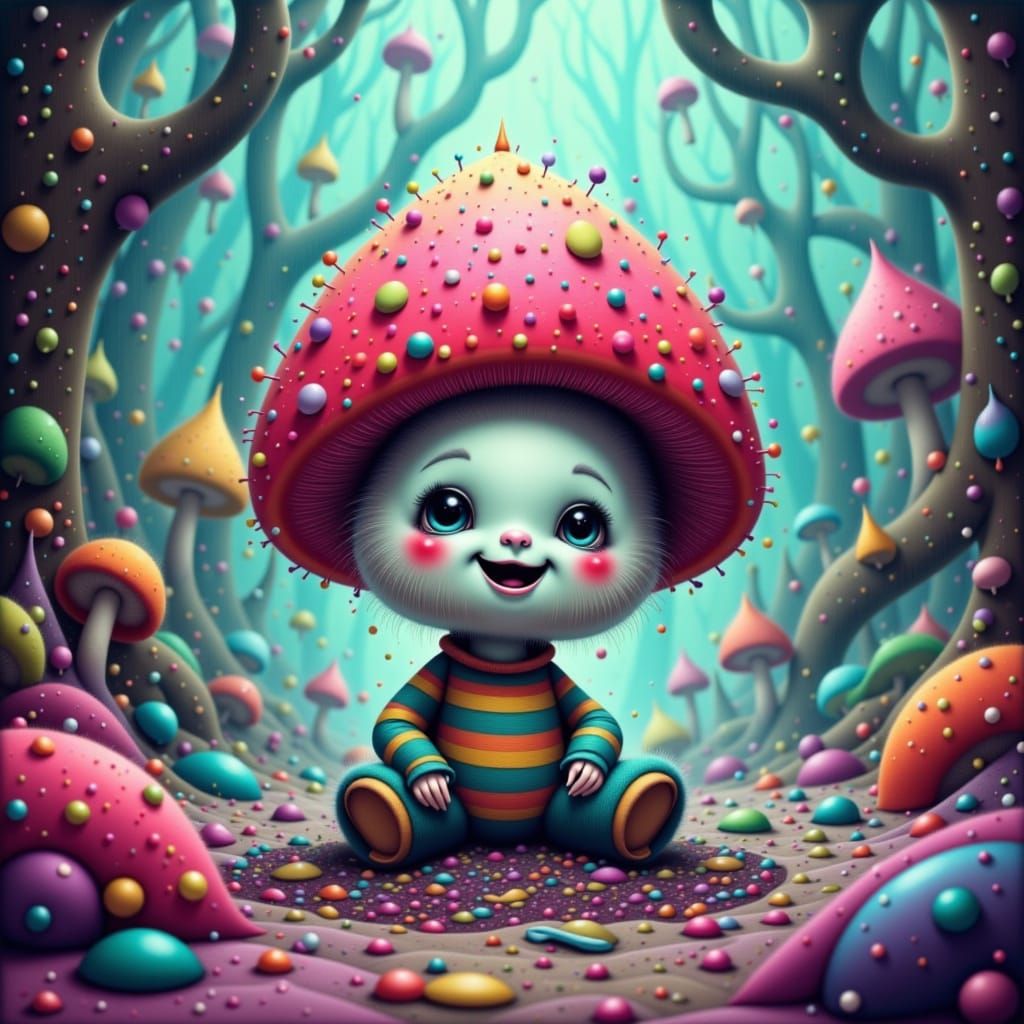 Mushroom Plush Toy in Whimsical Post-Apocalyptic Art