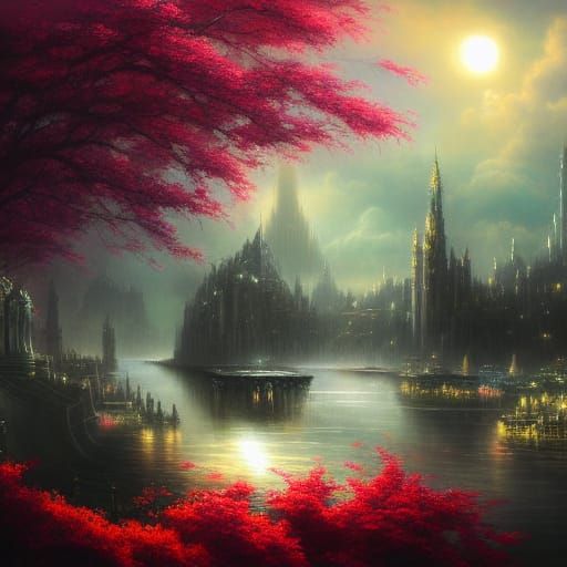 Ethereal Fantasy City Reflecting in Sea