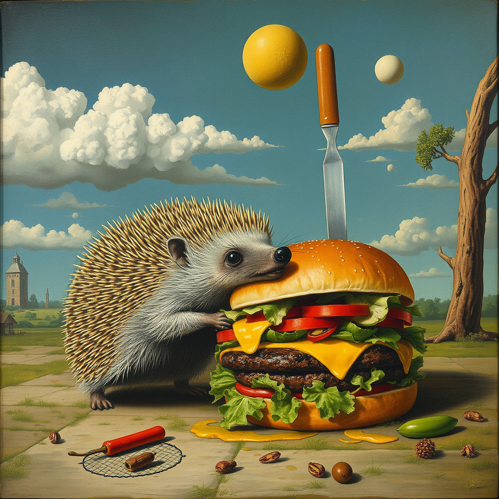 Giant Hedgehog Burger Feast: Surrealist Art