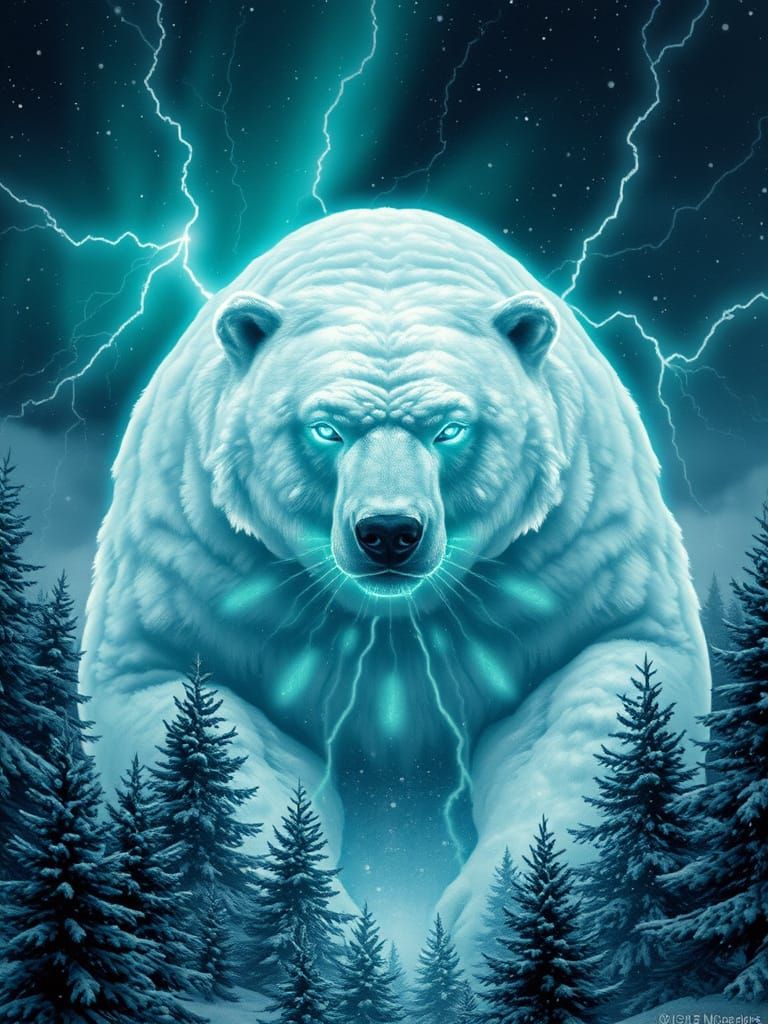 Snowstorm Polar Bear with Lightning Aura in Mystical Forest