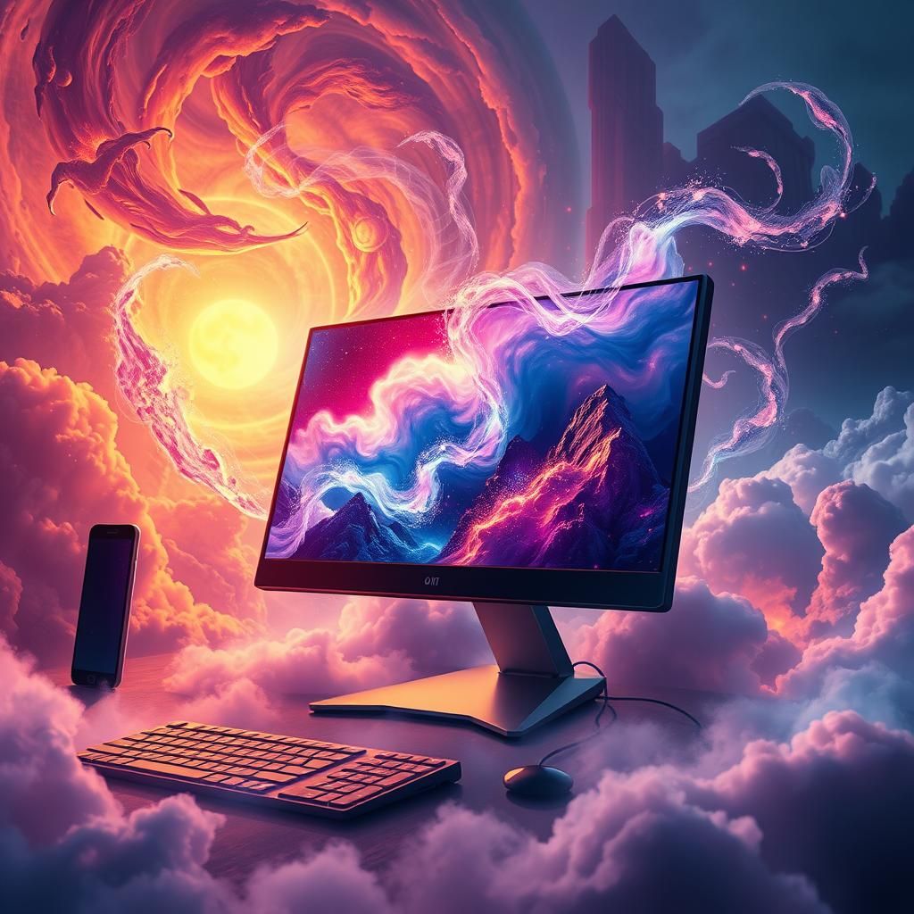 Futuristic Desktop with 3D Graphic Design in Matte Painting ...