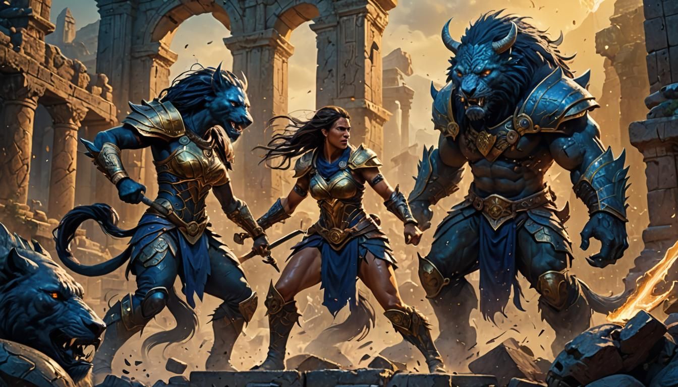 Fantasy Female Warrior Battles Tattooed Beast in Arena