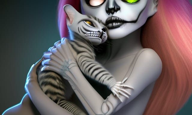 Cute Skeleton Baby Creature with Kitten