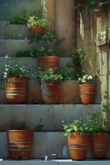 Charming Plant Pots in Whimsical Oil Painting Style