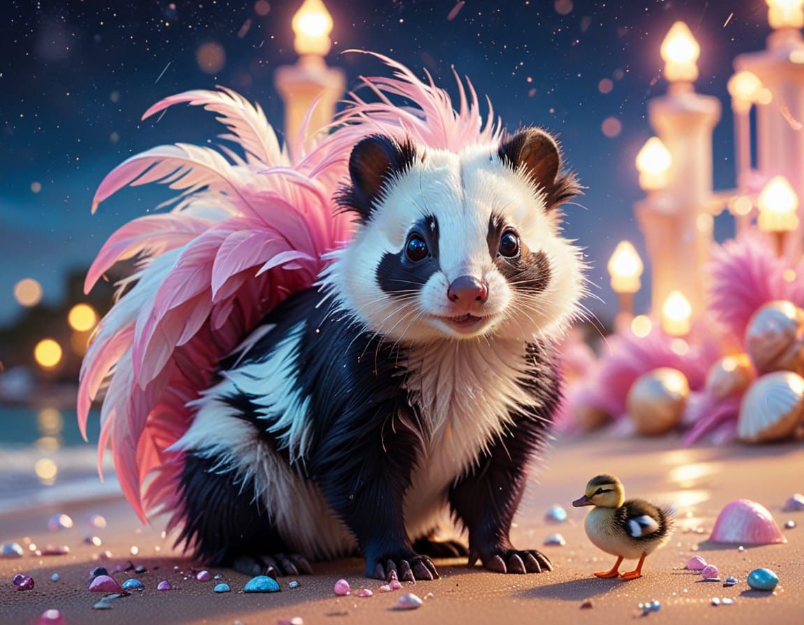 Pink Skunk and Duck Fantasy Oil Painting