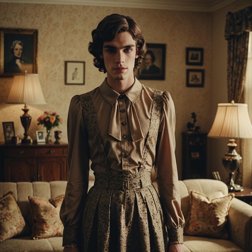 Crossdresser in Nanny Dress: Cinematic Film Still