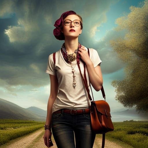 Hipster Girl with Vintage Fashion, Detailed Digital Art