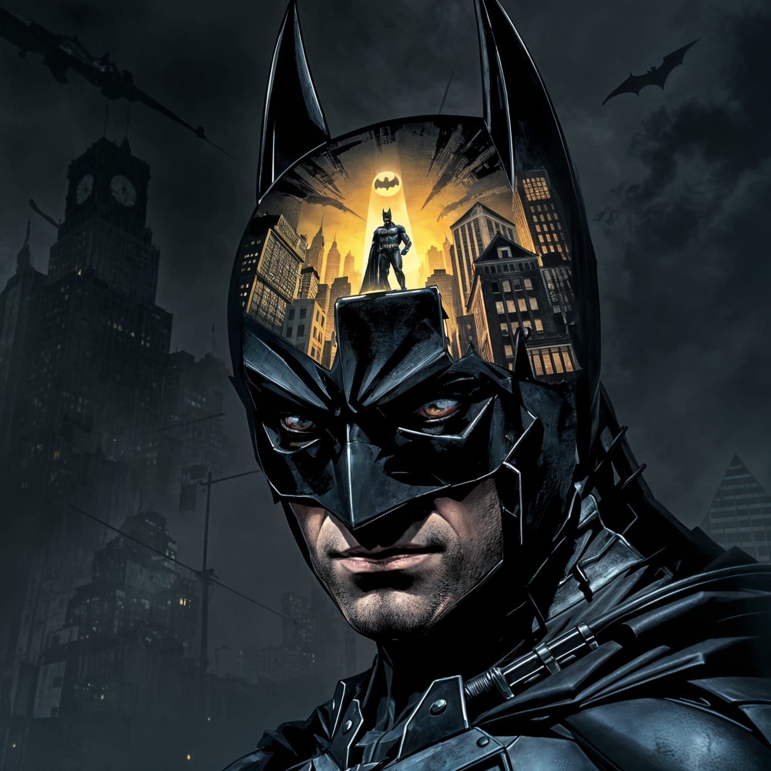 Batman in Iconic Metal Mask, Gotham City at Night